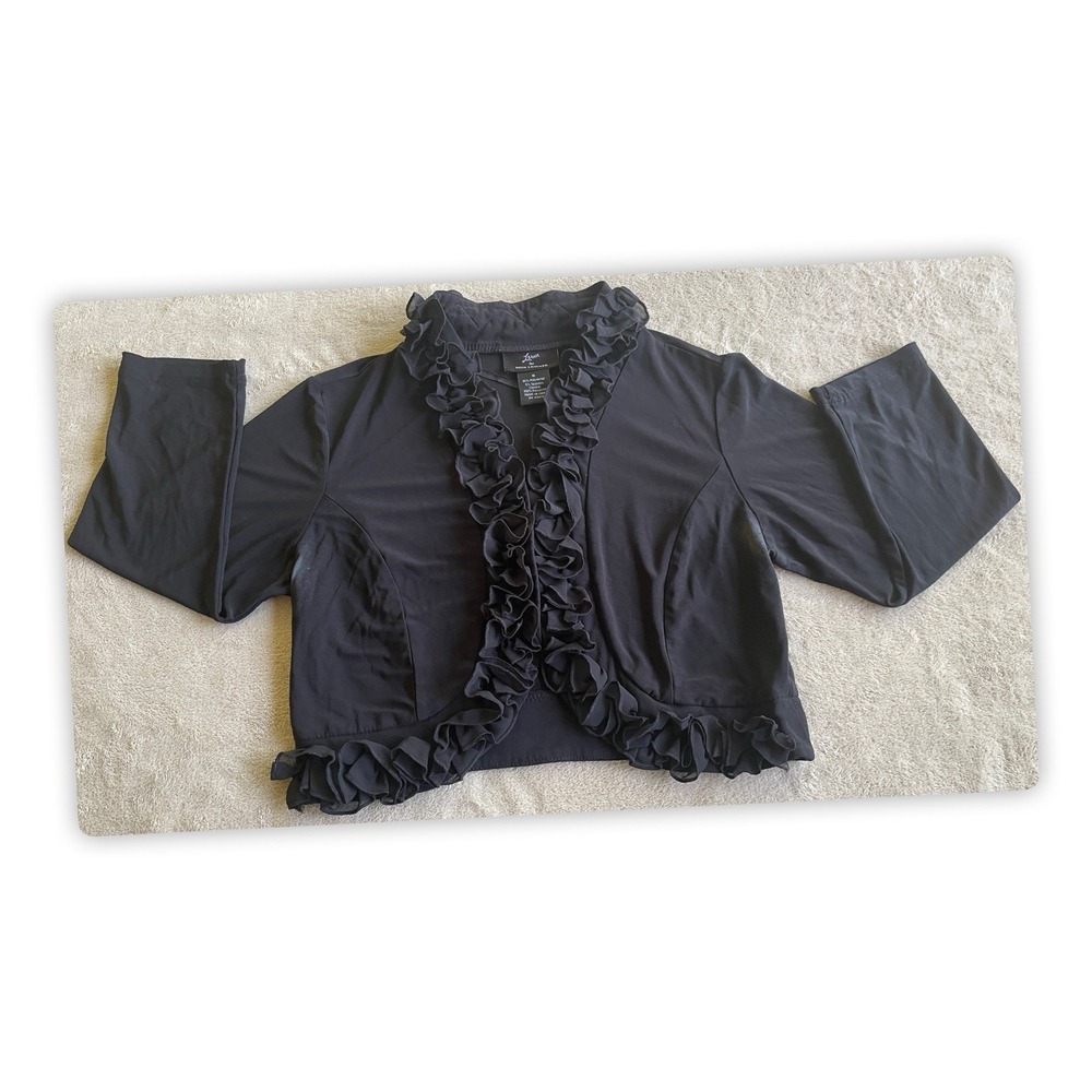 Lemmie for Nina Leonard Black Ruffle Open Front Cropped Cardigan Shrug Size S